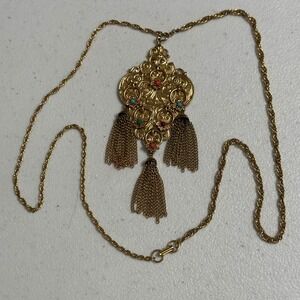 Arthur Pepper ART VTG Pendant Necklace 3-Tier Tassel Victorian Revival Gold Tone